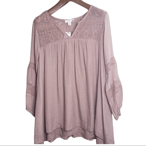 NWT Boho Mauve FLOWY 3/4 Sleeve Lace and linen Peasant Blouse Large Studio JPR - Picture 4 of 16
